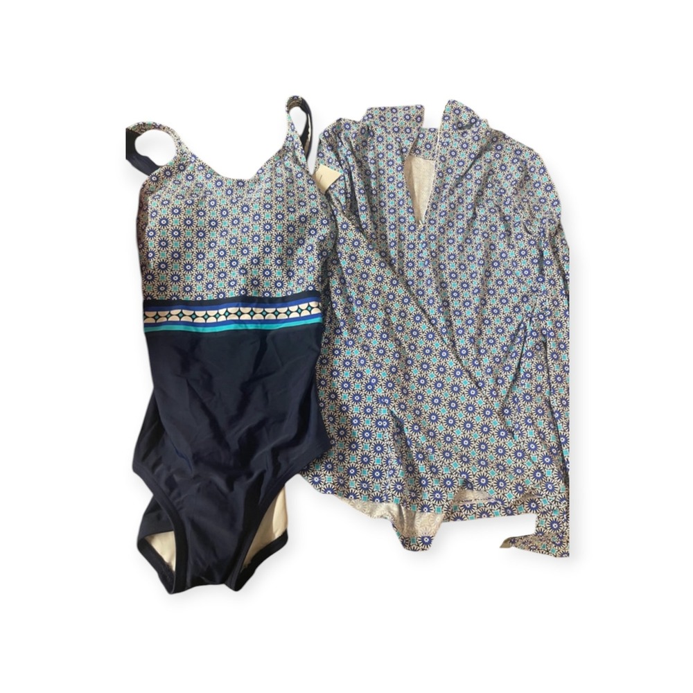 Lands End Womens Small Swimsuit Set One Piece Rash Guard Navy Blue Geometric NWT